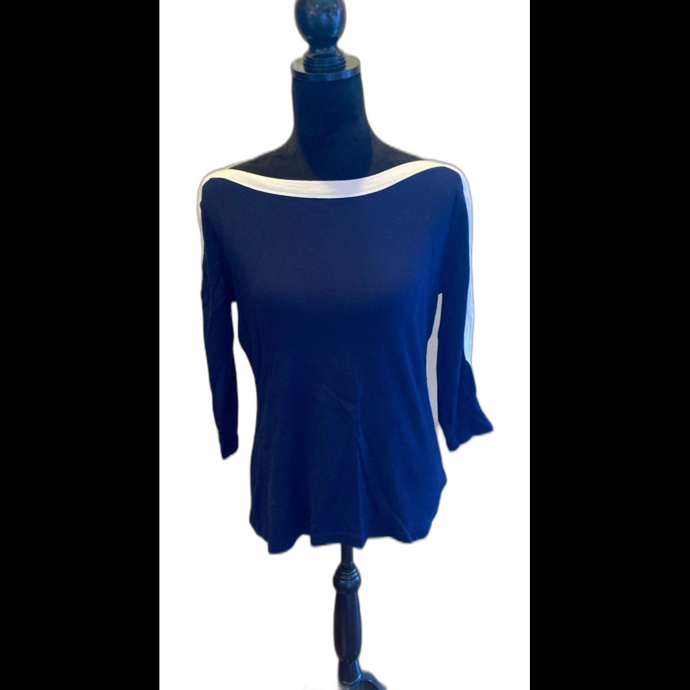 Chaps Blouse Size Large(measures  Med)‎ Top Boat Neck Navy White Lacing on Cuffs